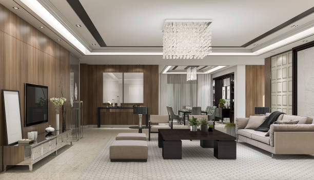 istock 3d rendering luxury and modern living room with chandelier 697794850