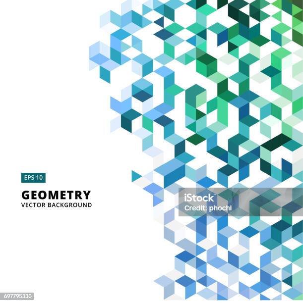 Abstract Geometric Blue And Green Bricks Triangle Cube 3d Vector Stock Illustration - Download Image Now