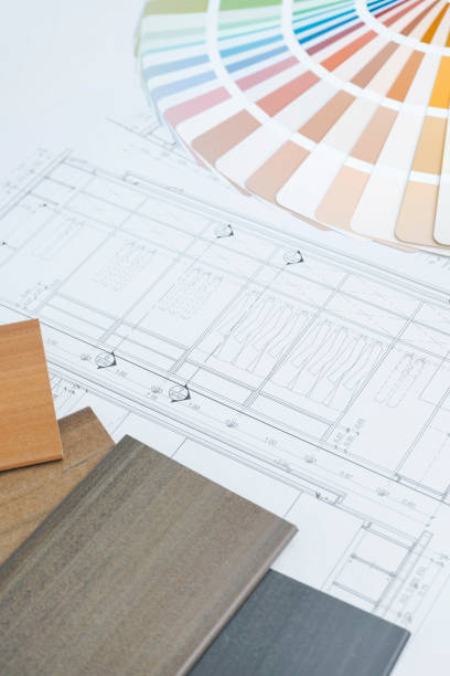 istock color and material samples on architectural drawings of the modern house 697797660