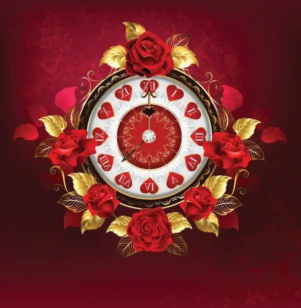 Vector illustration of Clock with red roses