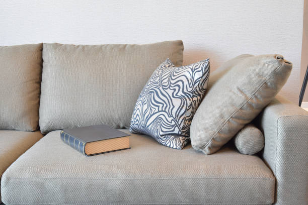 istock comfortable velvet sofa with grey striped pillows in modern living room 697805304