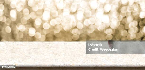 Empty Marble Table Top With Sparkling Gold Bokeh Abstract Backgroundpanoramic Banner For Display Or Montage Of Productholiday Seasonal Concept Backdrop Stock Photo - Download Image Now