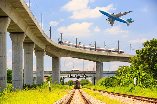Various transportation (train, electric sky train, car, airplane), Bangkok, Thailand