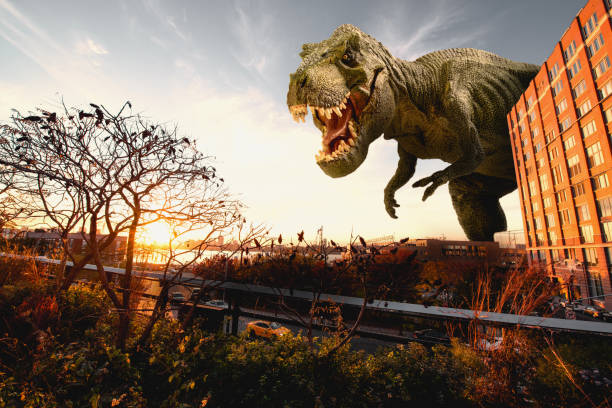 Dinosaur scene of the giant dinosaur destroy the city tyrannosaurus rex photos stock pictures, royalty-free photos & images