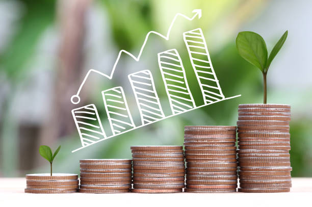 istock Young plant grown to stack silver coin in business growth. 697812392