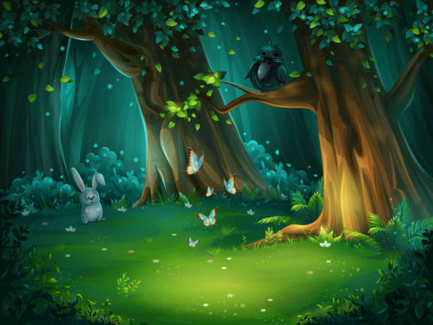 Vector illustration of a forest glade with hare and butterflies Vector cartoon illustration of background forest glade. Bright wood with hare, butterflies and crow in glasses. For design game, websites and mobile phones, printing. Glade stock illustrations