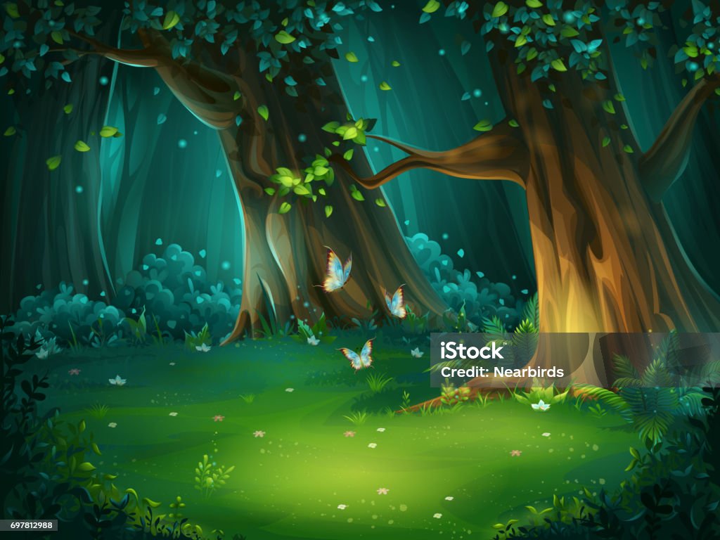Vector illustration of a forest glade Vector cartoon illustration of background forest glade. Bright wood with butterflies. For design game, websites and mobile phones, printing. Forest stock vector