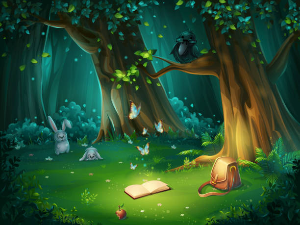 wektorowa ilustracja leśnej polany z krukiem i książką - tree book apple apple tree stock illustrations