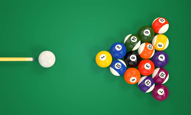 Billiard cue and pool balls Billiard cue aim pyramid group of colorful glossy pool game balls with numbers on green snooker table. Set of pool-balls. 3D illustration pool ball stock pictures, royalty-free photos & images