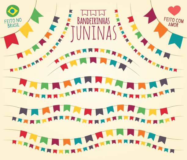 (Little June Party Flags) Brazilian June Party style little colorful flags in various disposals Flat vivid vector for festive themes, made in Brazil with love festa junina stock illustrations