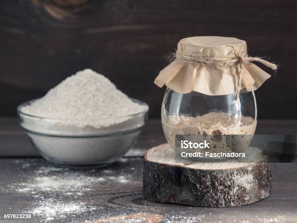 Rye Sourdough Starter And Rye Flour Stock Photo - Download Image Now - Yeast, Natural Condition, Sourdough Bread