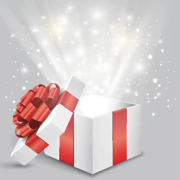 Vector illustration of Opened gift box with red bow and lights