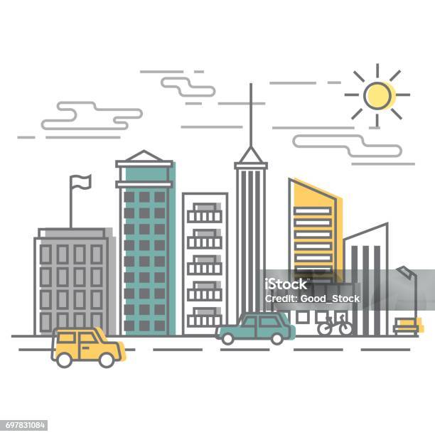 Urban Scene City Street With Buildings And Cars Vector Illustration In Flat Style Stock Illustration - Download Image Now