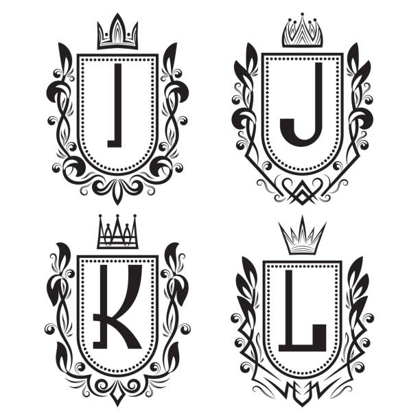 ilustraciones, imágenes clip art, dibujos animados e iconos de stock de real capa de brazos en estilo medieval. antiguos emblemas con i, j, k, l monograma. - letter i letter j letter k letter l