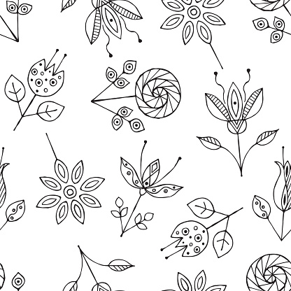 Vector hand drawn seamless pattern, decorative stylized black and white childish flowers. Doodle sketch style, graphic illustration, background. Ornamental cute hand drawing. Line drawing.
