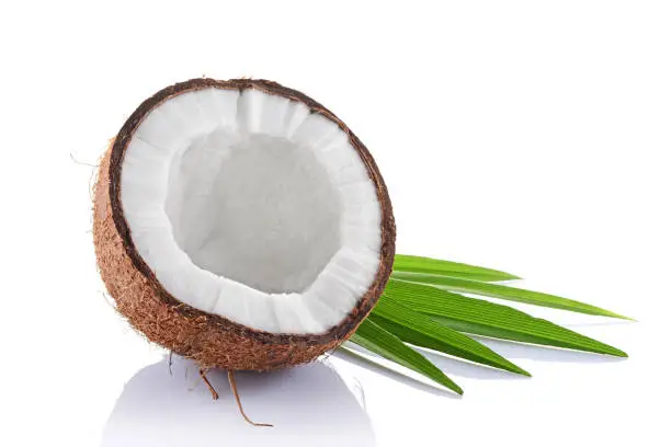 Healthy food. Fresh coconut with green palm leaves isolated on white background