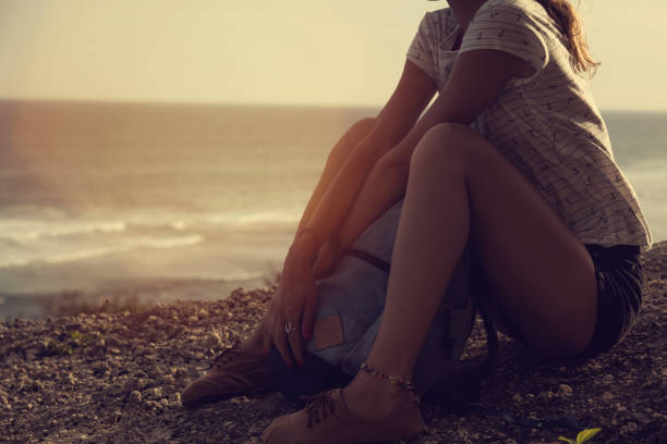 istock Tourist girl with backpack enjoying the view. 697849600