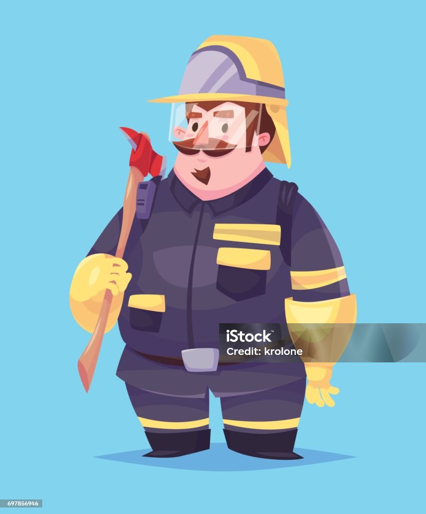 Funny  illustration of fireman cartoon character. Isolated vector illustratio Funny  illustration of cute fireman. Vector cartoon character. Isolated on blue backgound. Art stock vector