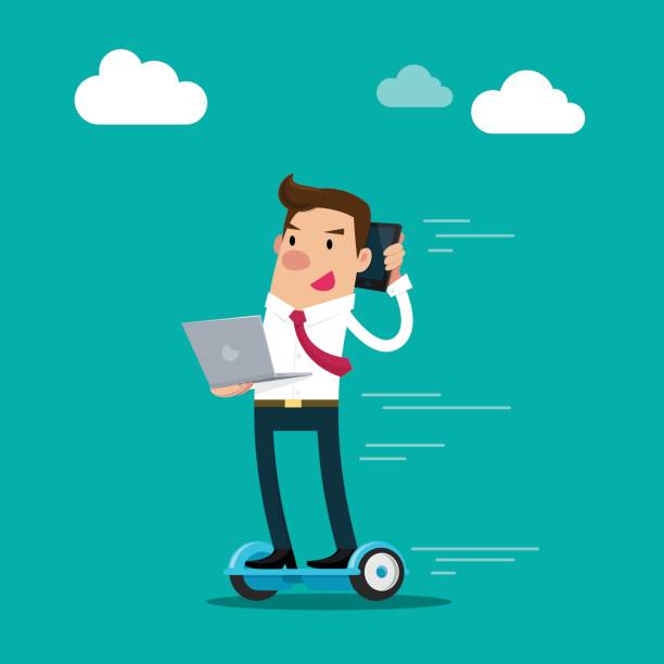 Businessman holding laptop on hoverboard talking on mobile phone. Isolated vector illustration An illustration set for printing, web page, presentation, & design products. laptop hover stock illustrations