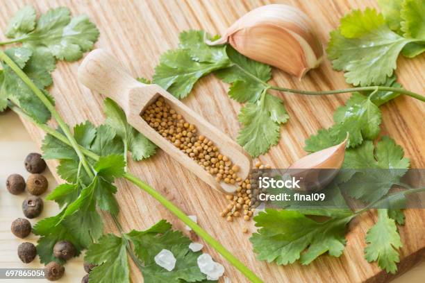 Cooking Additives Parsley Garlic Pepper Stock Photo - Download Image Now - Allspice, Chimichurri, Chive