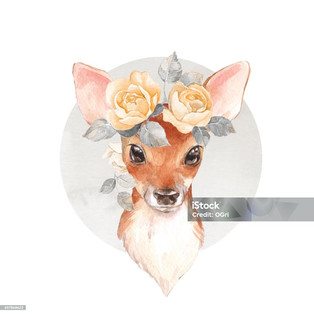Cute fawn. Watercolor illustration Baby Deer and flowers. Hand drawn cute fawn. Watercolor illustration Deer stock illustration