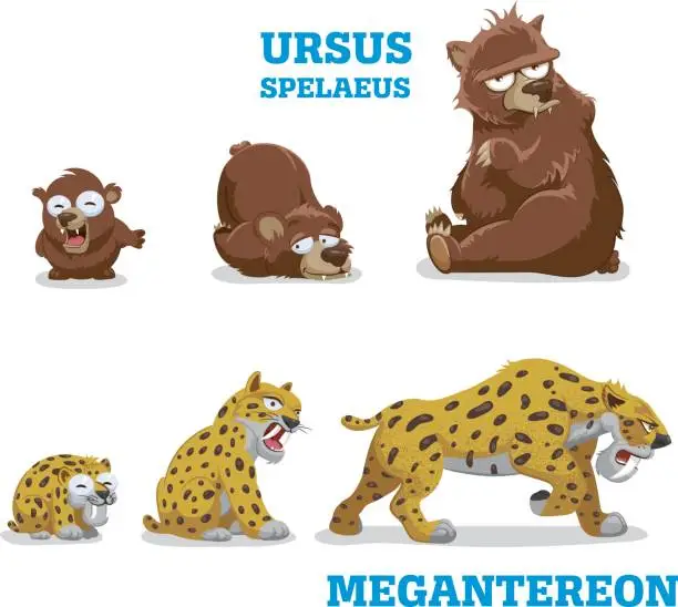 Vector illustration of Vector illustration of pleistocene baby, young and adult wild animals bear and leopard