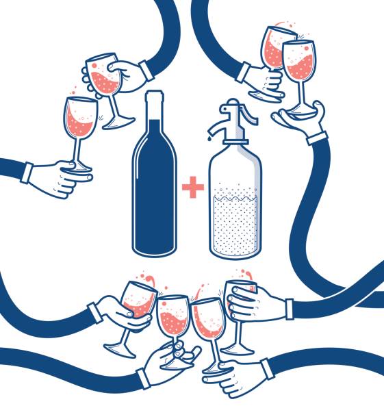 płaska ilustracja wektorowa picia wina i sody, okrzyki, kieliszki do klinowania, impreza - champagne anniversary celebration wine stock illustrations