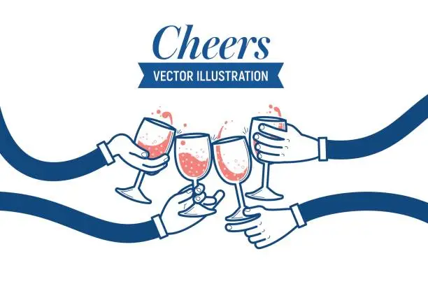 Vector illustration of Flat vector illustration of drinking wine and soda water, cheers, clinking glasses, party, four hands. Drink with friends.