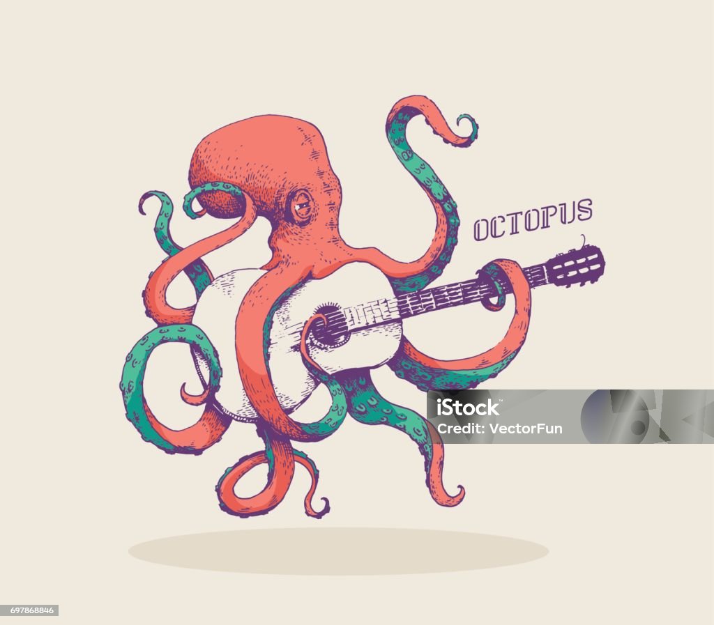 Octopus. Vector illustration of colored octopus playing guitar, hand drawn, vintage illustration Colorful octopus playing guitar vector illustration. Hand drawn, cool design, pastel colors. new wave. Ideal for pattern Octopus stock vector