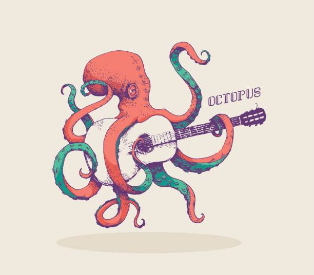 Octopus. Vector illustration of colored octopus playing guitar, hand drawn, vintage illustration Colorful octopus playing guitar vector illustration. Hand drawn, cool design, pastel colors. new wave. Ideal for pattern guitar drawings stock illustrations
