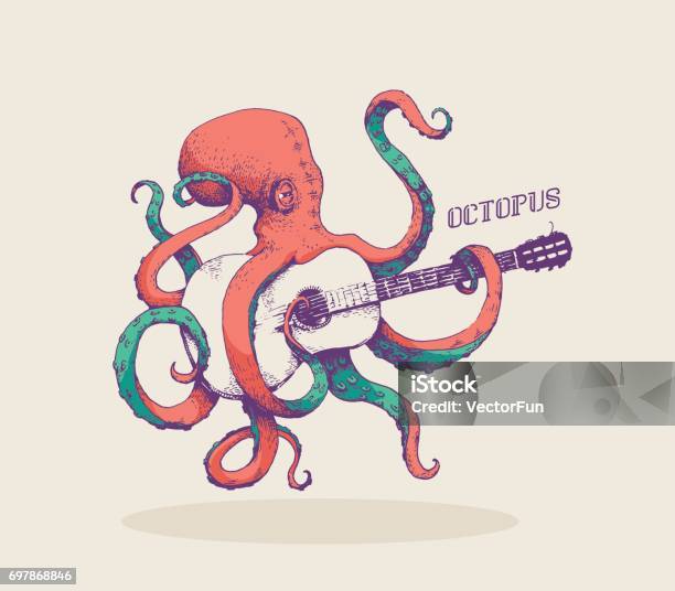 Octopus Vector Illustration Of Colored Octopus Playing Guitar Hand Drawn Vintage Illustration Stock Illustration - Download Image Now