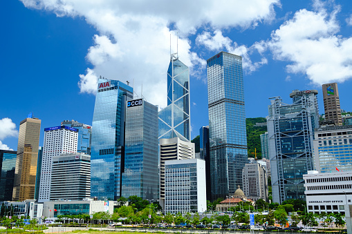 Skyscraper in Singapore with reflections on the glass facade