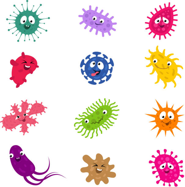 illustrazioni stock, clip art, cartoni animati e icone di tendenza di cartoon batteri divertenti e germi personaggi vettoriali - bacteriologist