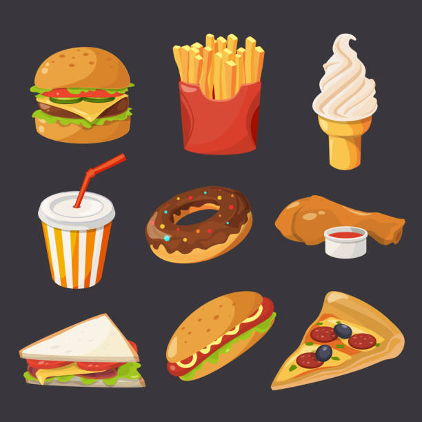 ilustrações de stock, clip art, desenhos animados e ícones de fast food illustration in cartoon style. pictures of burger, cold drinks, tacos and hotdog - cold sandwich illustrations