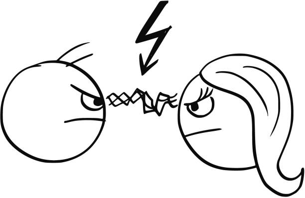 ilustrações de stock, clip art, desenhos animados e ícones de vector cartoon of man and woman in fight anger with lightning bolt flash symbol - relationship difficulties flash