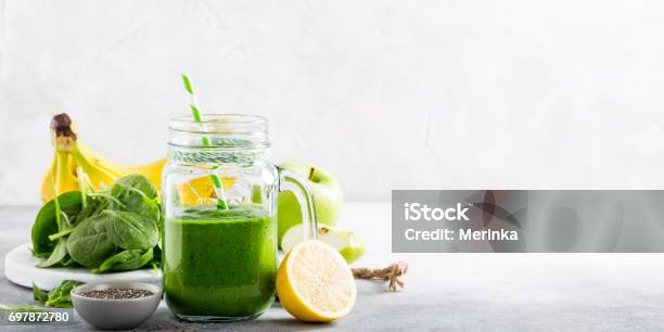 Healthy Green Smoothie With Spinach In Glass Jar Stock Photo - Download Image Now - Smoothie, Green Color, Juice - Drink