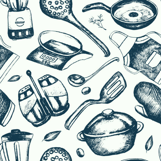 illustrazioni stock, clip art, cartoni animati e icone di tendenza di kitchen ware - motivo senza cuciture disegnato a mano - salt shaker salt pepper shaker pepper