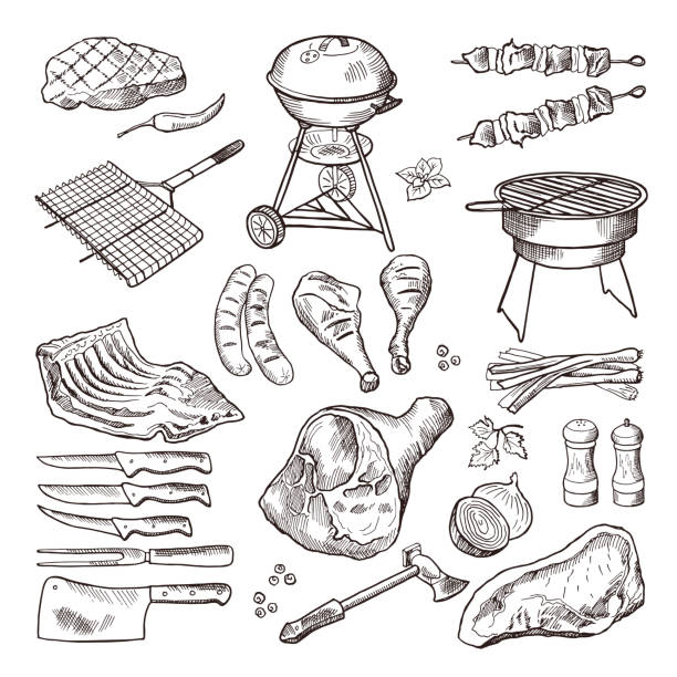 bbq vektor handgezeichnete abbildung set. gegrilltes fleisch und anderes zubehör für grillparty - barbecue grill illustrations stock-grafiken, -clipart, -cartoons und -symbole