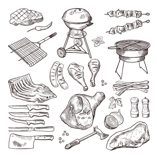 바베 큐 벡터 손으로 그린 그림 집합입니다. 구운 고기와 바베 큐 파티에 대 한 다른 액세서리 - sausage grilled isolated single object stock illustrations