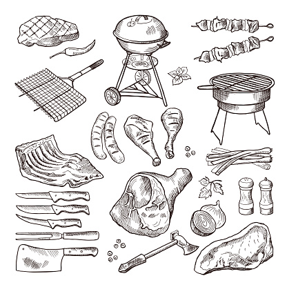 Bbq vector hand drawn illustration set. Grilled meat and other accessories for barbecue party. Grill meat for bbq, barbecue sausage picnic drawing