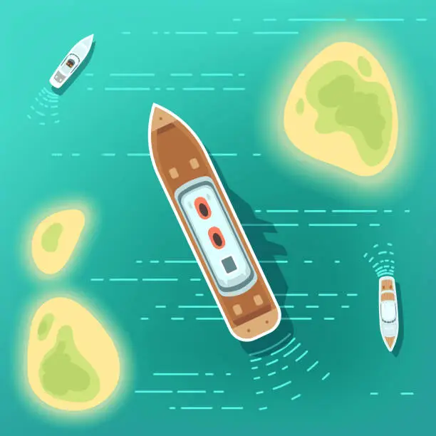Vector illustration of Aerial eye view sea boats and ship. Part of ocean with tropocal islands and cruise ships