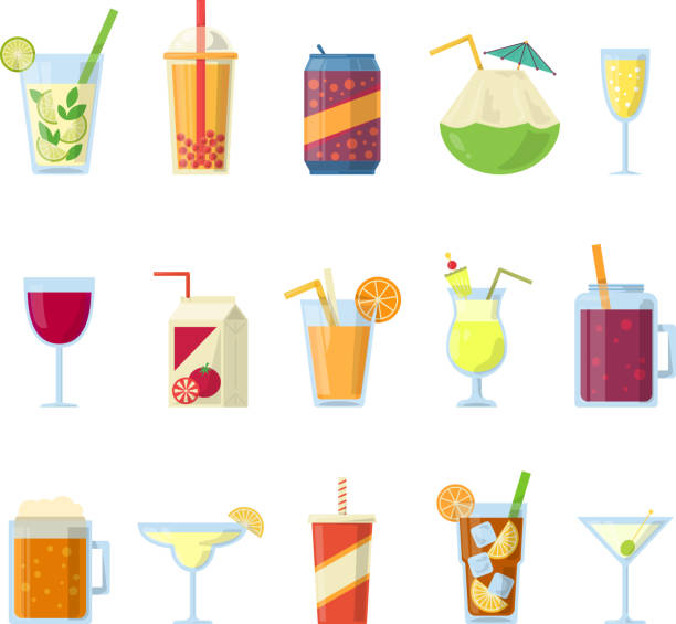 stockillustraties, clipart, cartoons en iconen met verschillende drankjes in flessen en glazen. vector set isoleren op wit - alcoholvrije drank