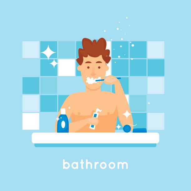 Hygiene guy is brushing his teeth. Flat vector illustration in cartoon style. Hygiene guy is brushing his teeth. Flat vector illustration in cartoon style. toothbrush toothpaste backgrounds beauty stock illustrations