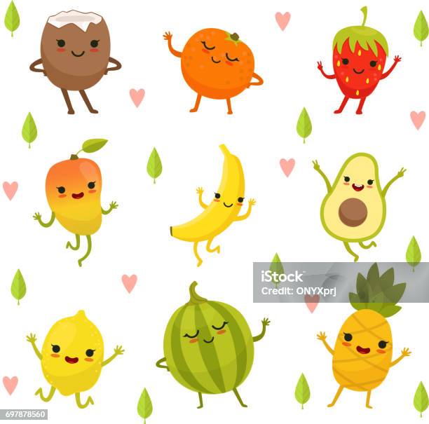 Funny Emotion On Cartoon Fruits And Vegetables Vector Illustration Set Stock Illustration - Download Image Now