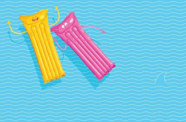 Vector illustration of Vector illustration of two floating air mattresses having fun in the summer and afraid of a shark in the water. Yellow and pink holiday mattresses
