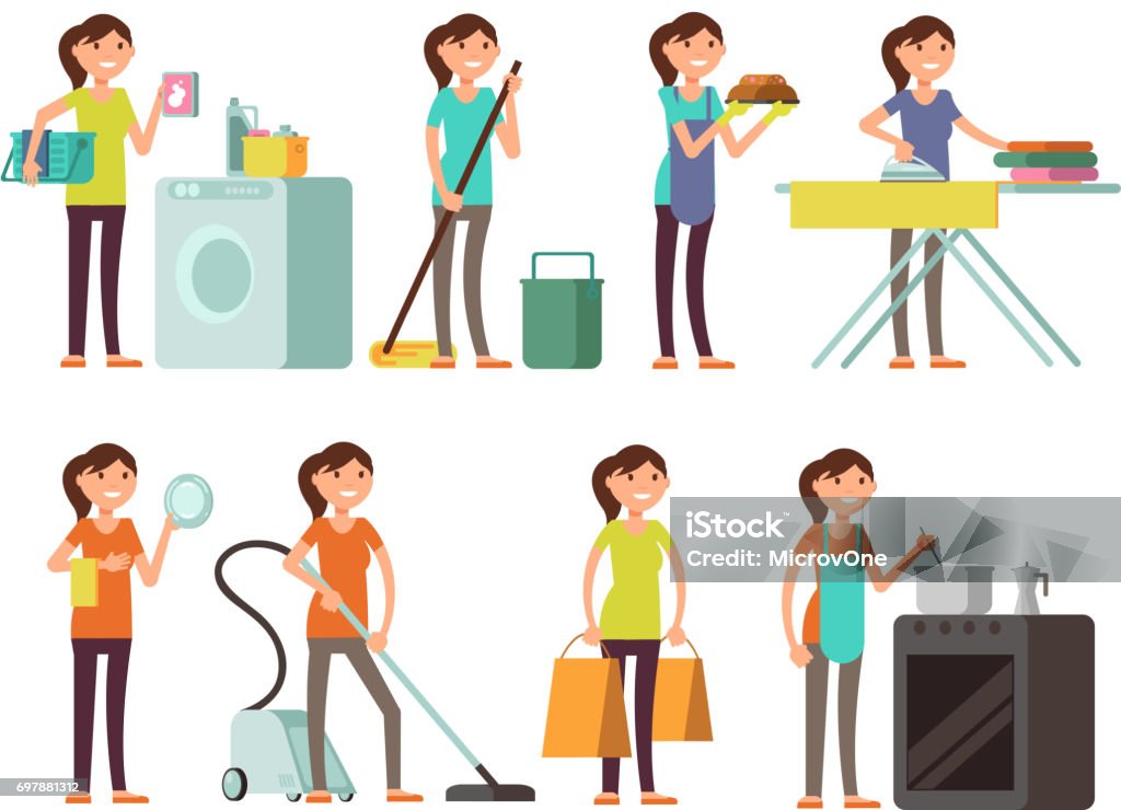 Cartoon Hausfrau in Hausarbeit Aktivität Vektor festgelegt. Glückliche Frau darstellende Haushalt - Lizenzfrei Icon Vektorgrafik