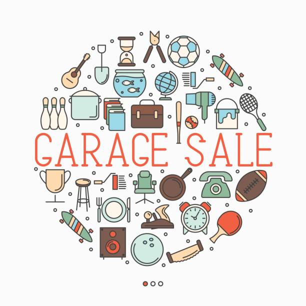 内のテキストとサークルでガレージ セールやフリー マーケットのコンセプト。細い線のベクトル図です。 - garage sale flea market sale market点のイラスト素材／クリップアート素材／マンガ素材／アイコン素材