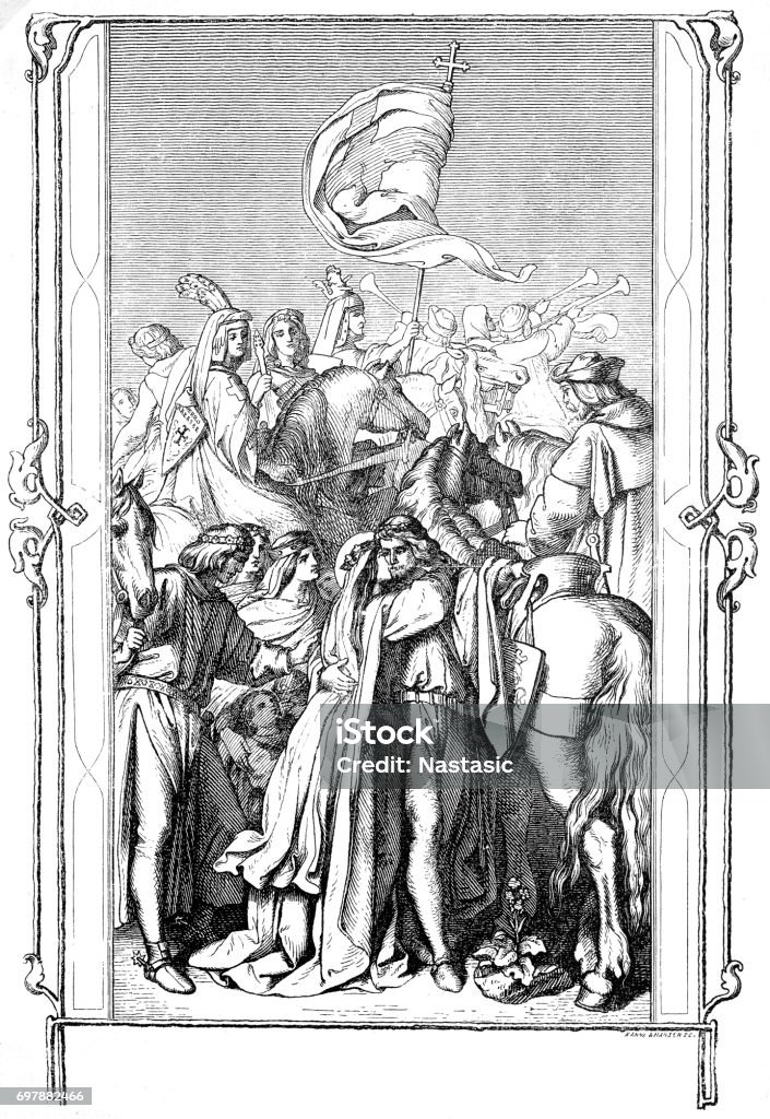 St. Louis says goodbye to his wife Elizabeth Farewell Elizabeth of her husband in an excerpt of the Holy Land, Adult stock illustration