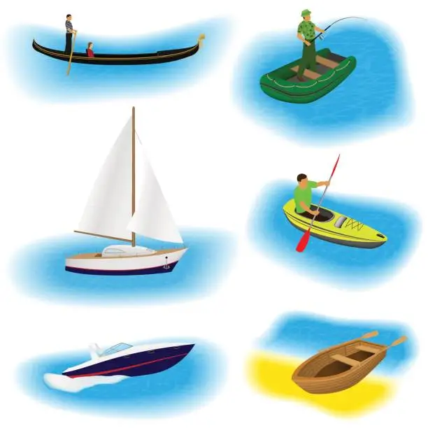 Vector illustration of Set of six different kind boats isolated on a white background. Yacht, gondola, inflatable, kayak and rowing boat.