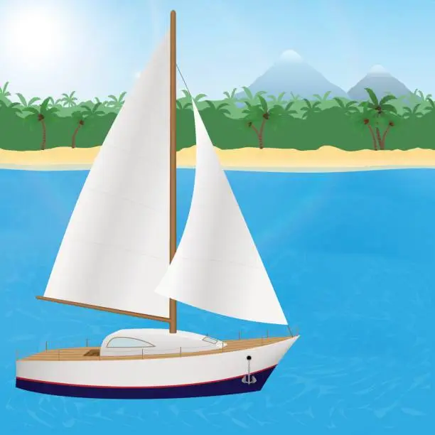 Vector illustration of Summer travel to tropical paradise. Sailboat on a tropical island background.